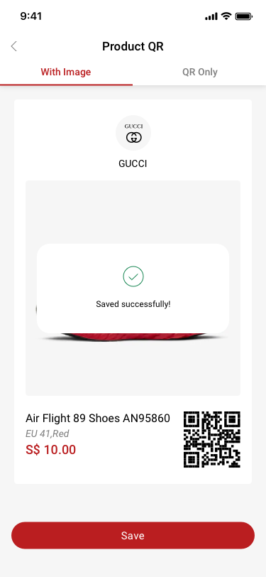 Company creator / product / share prpduct / QR code / With Image / Saved successfully! SCash screen