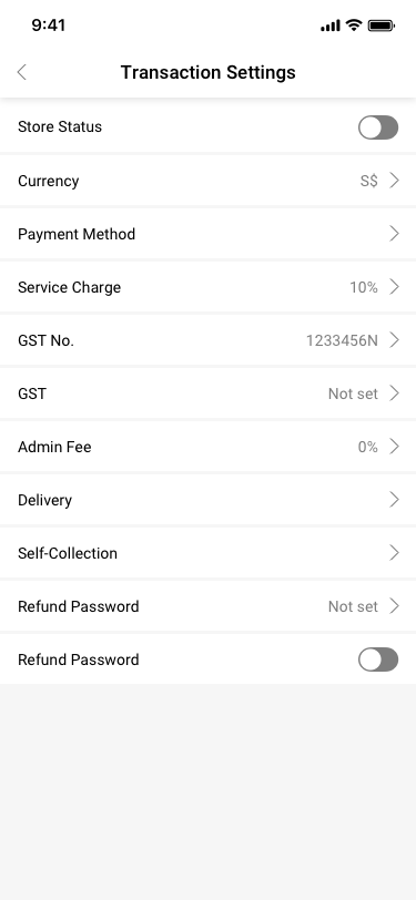 Store Settings / Transaction Settings SCash screen