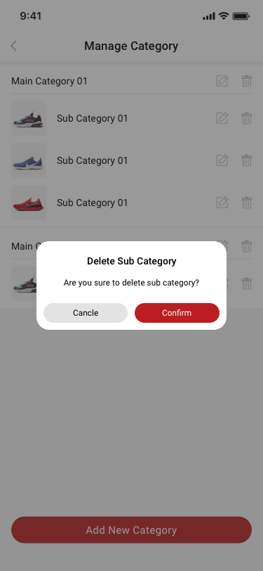 Company creator / Manage Category / delete sub category / no more sku SCash screen