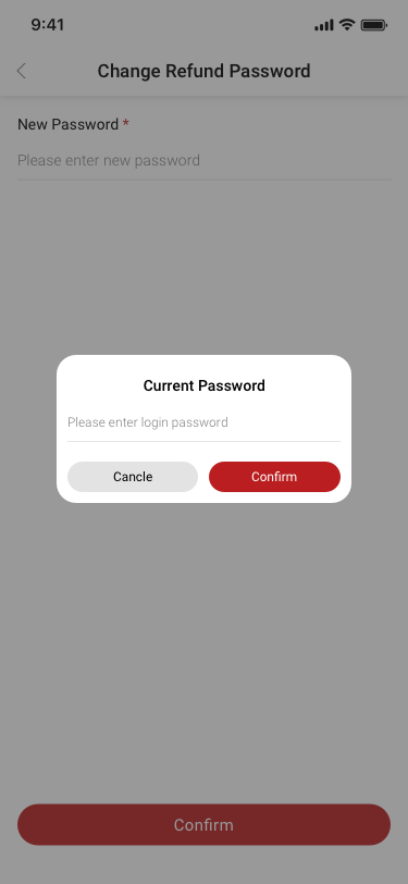 Store Settings / Transaction Settings / Change Refund Password SCash screen