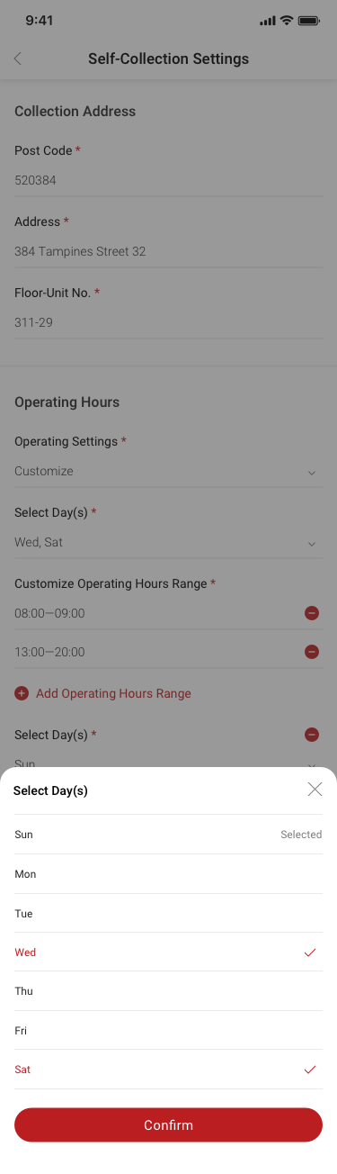 Store Settings / Transaction Settings / Self-Collection / Self-Collection Settings / customize / Select Day(s) SCash screen
