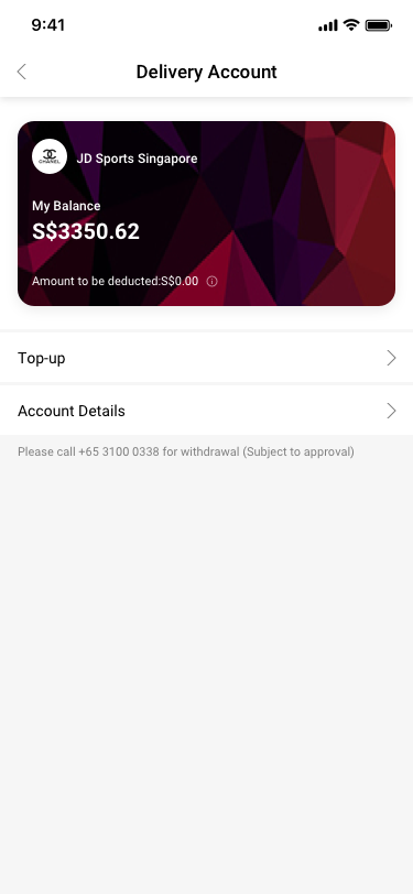 Store Settings / Transaction Settings / Delivery / Delivery Account SCash screen