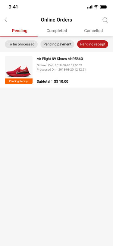 Online Orders / pending / Pending receipt SCash screen