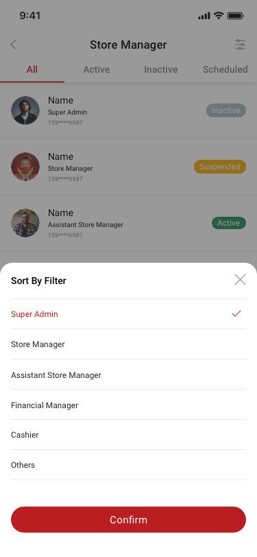 Store Manager / Sort by filter SCash screen