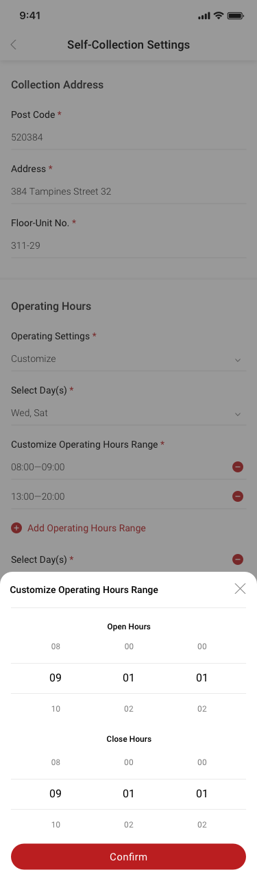 Store Settings / Transaction Settings / Self-Collection / Self-Collection Settings / customize / Customize Operating Hours Range SCash screen