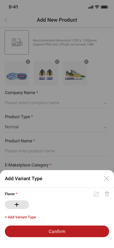 Company creator / Add variant type / tottom popup / have sku SCash screen