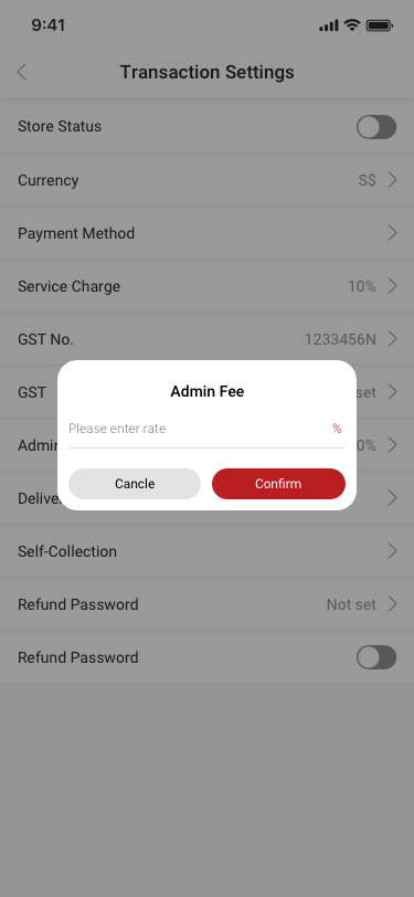 Store Settings / Transaction Settings / Admin Fee SCash screen