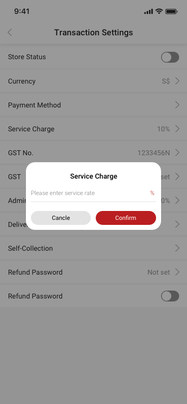 Store Settings / Transaction Settings / Service Charge SCash screen