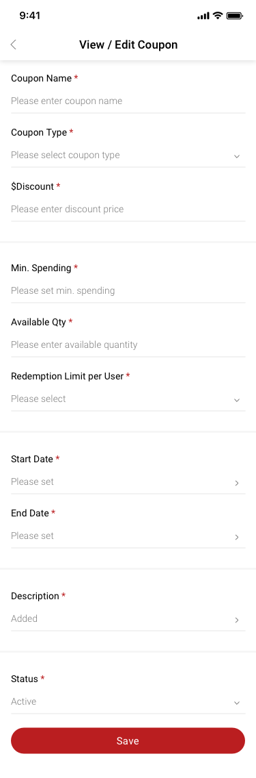 View / Edit Coupon SCash screen