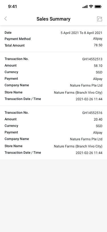 Payment method Seles Summary details SCash screen
