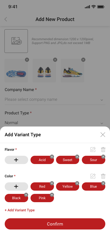 Company creator / Add variations / bottom popup / have sku SCash screen