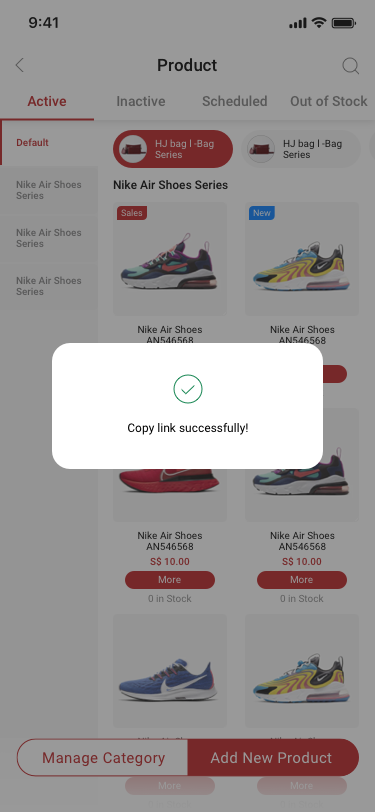 Company creator / product / copy link successfully SCash screen