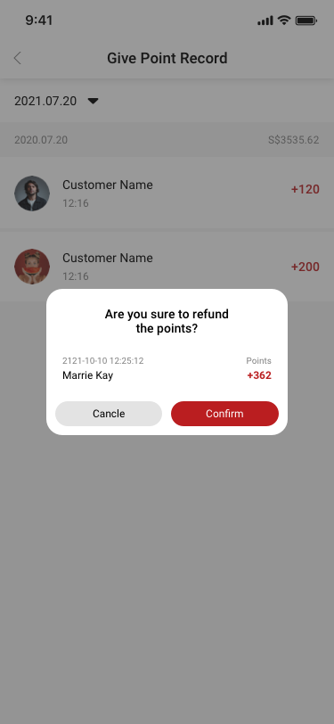 Give Point Record_Refund points SCash screen