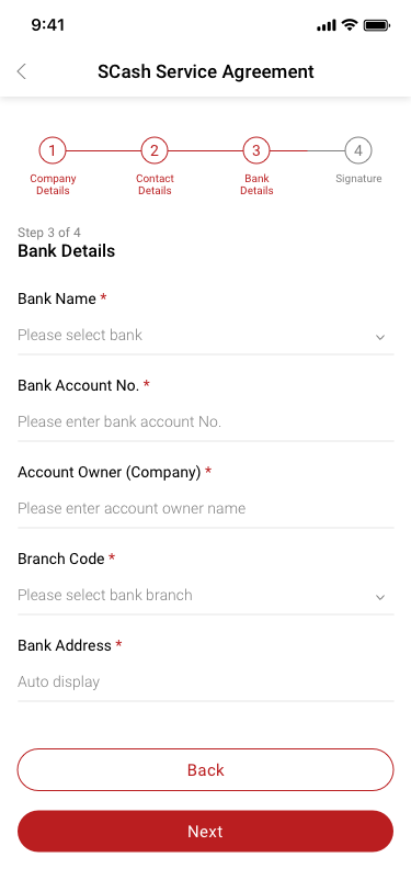SCash Service Agreement 3Bank Details SCash screen