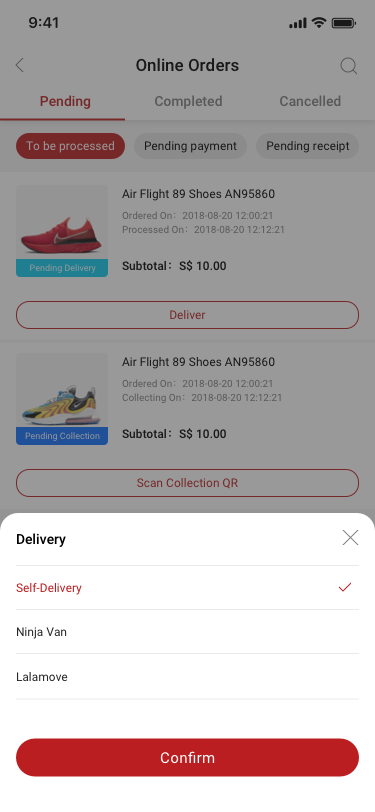 Online Orders / pending / to be processed / Deliver SCash screen