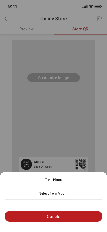 online store / QR store / Customize Image / select-take photo SCash screen