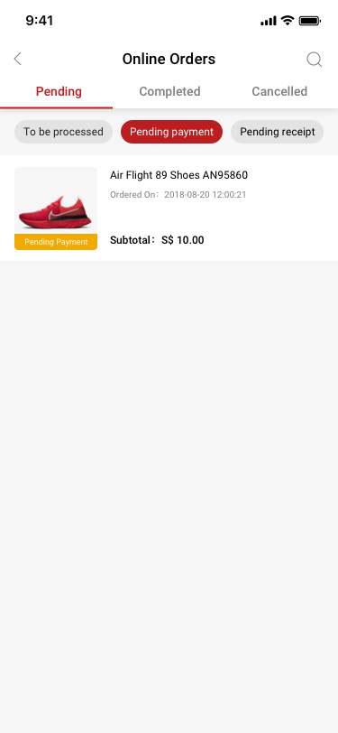 Online Orders / pending / Pending payment SCash screen
