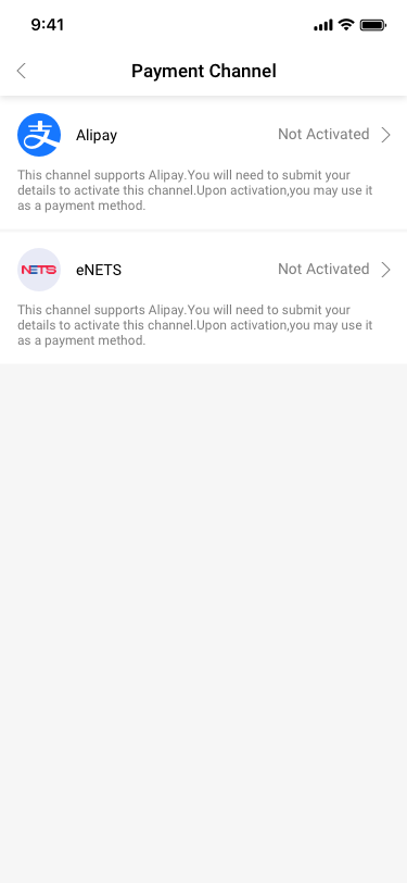 Payment Channel / Not Activated SCash screen