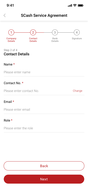 SCash Service Agreement 2Contact Details SCash screen