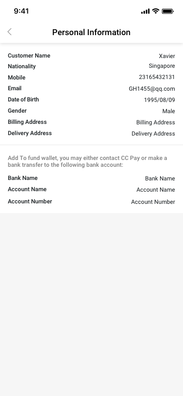 Personal Information SCash screen