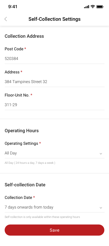 Store Settings / Transaction Settings / Self-Collection / Self-Collection Settings / all day SCash screen