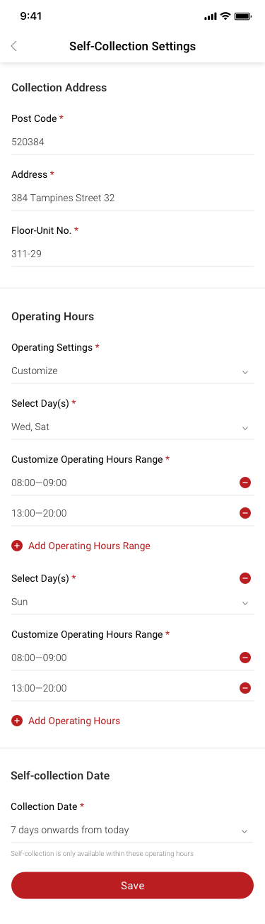 Store Settings / Transaction Settings / Self-Collection / Self-Collection Settings / customize / add new operating hours SCash screen