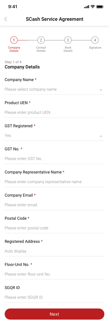 SCash Service Agreement 1Company Details SCash screen