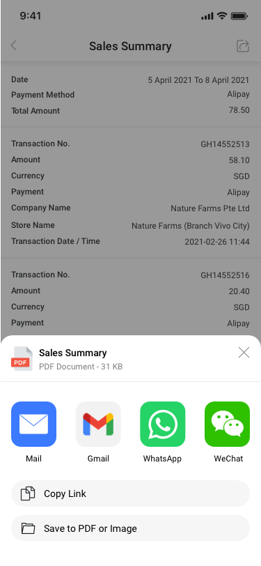 Payment method Seles Summary details / share SCash screen
