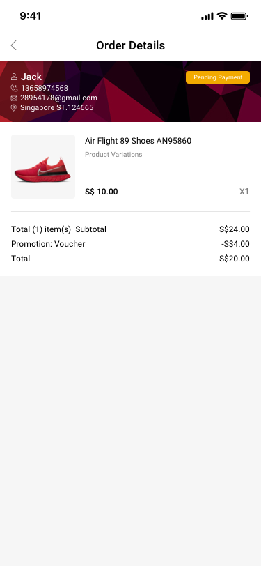 Online Orders / pending / Pending payment / Order Details SCash screen