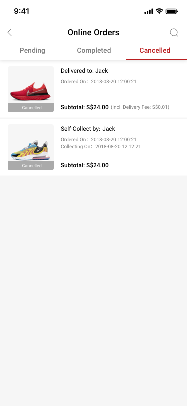 Online Orders / Completed / online oeder / Cancelled SCash screen