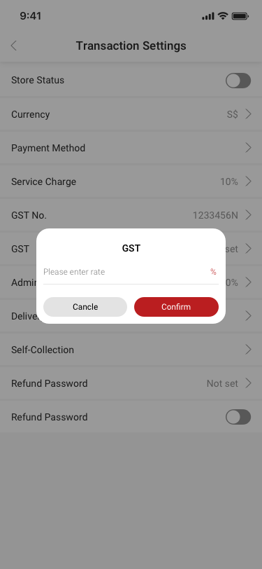 Store Settings / Transaction Settings / GST SCash screen