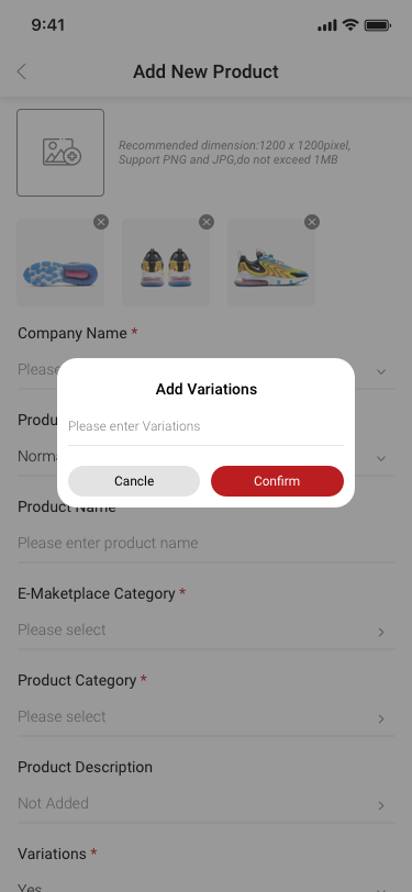 Company creator / Add variations / popup / have sku SCash screen