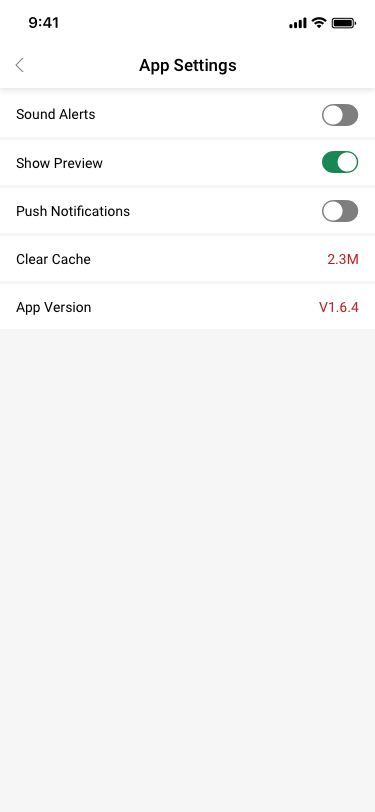 my page / App Settings SCash screen