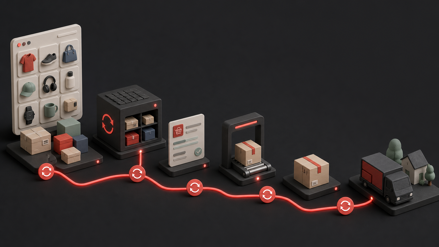 An illustrated commerce synchronization flow connecting product catalog, inventory, orders, barcode scanning, parcels, and delivery