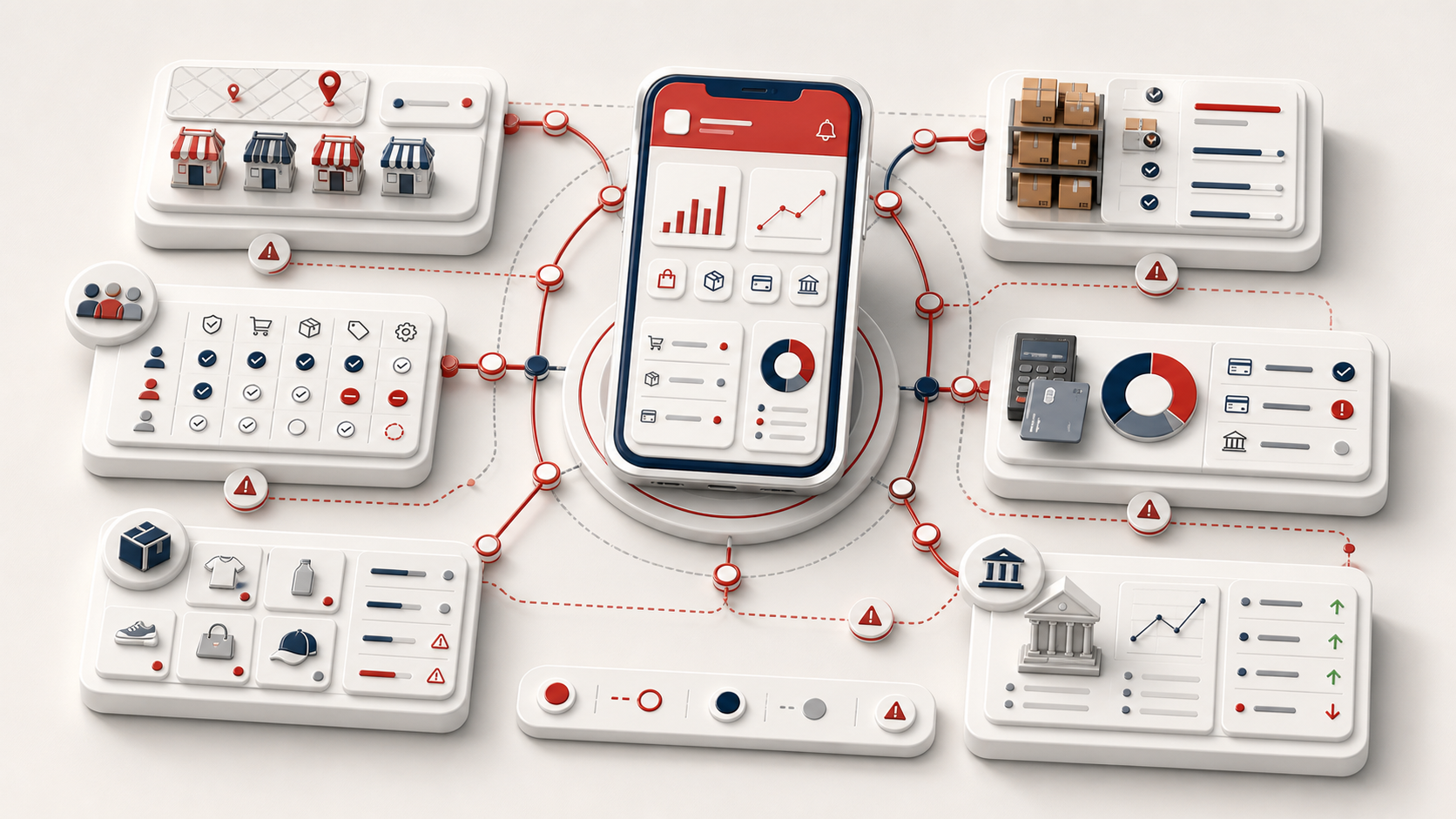 Isometric 3D SCash platform connecting stores, roles, inventory, orders, payments, and settlement constraints