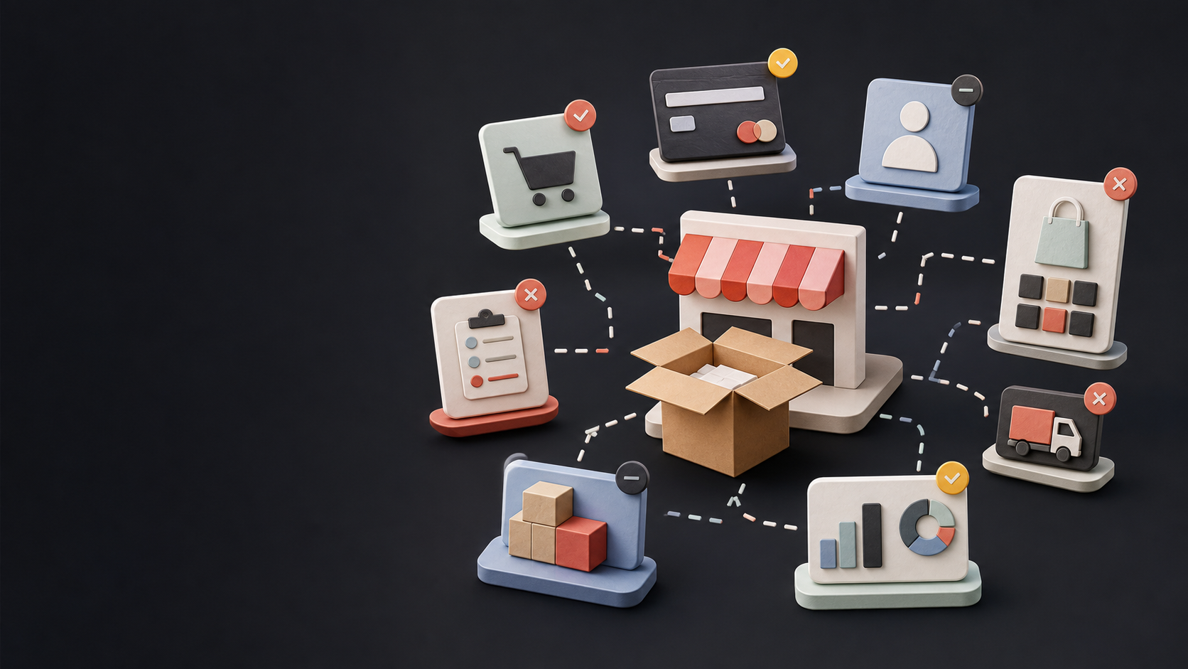 An illustrated online storefront surrounded by disconnected order, payment, customer, inventory, analytics, and delivery modules