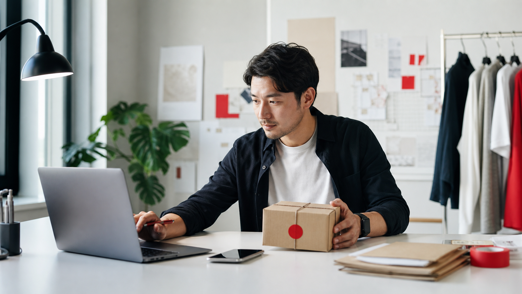 An online merchant reviewing incoming orders and preparing a delivery parcel