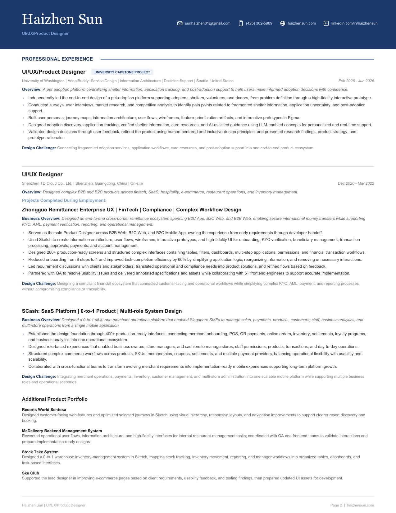Haizhen Sun resume preview, page 2 of 3
